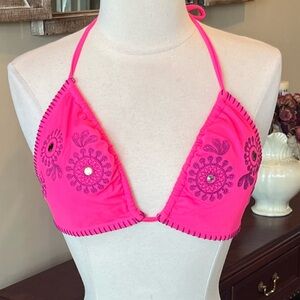 Neon Pink Purple Embroidered Bohemian Bikini Top